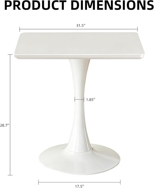 Square Dining Table, 31.5" Tulip Table with Thickened Tabletop & Metal Pedestal, Mid Century Modern Bistro Table for Kitchen, Small Places, Living Room, Cafe (White)