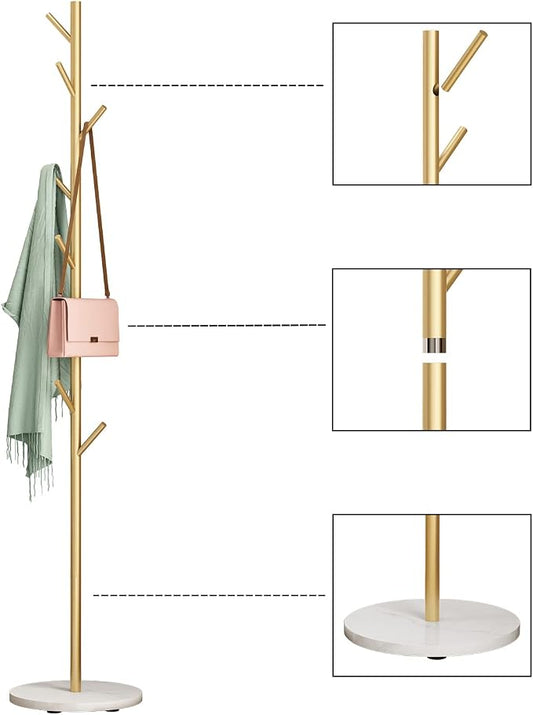 DOORXIFO Gold Coat Racks, Metal Coat Rack Freestanding with Hooks, Entryway Coat Rack Stand, Coat Racks with Marble Base, Coat Tree for Hanging Clothes, Hats, Bags