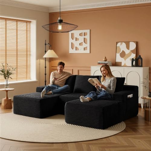 96" Sectional Couches for Living Room Cloud Couch Sofa with L-Shape Upholstered Boneless Couchs Modern Modular Sectional Couch with Chaise (Black, 96.1" U Shape with Left Facing Chaise)