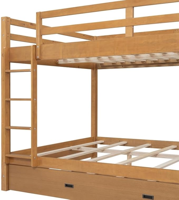 Merax Queen Size Bed with Trundle - Space-Saving Solid Wood Frame, Built-in Safety Rails and Ladderm, Wood