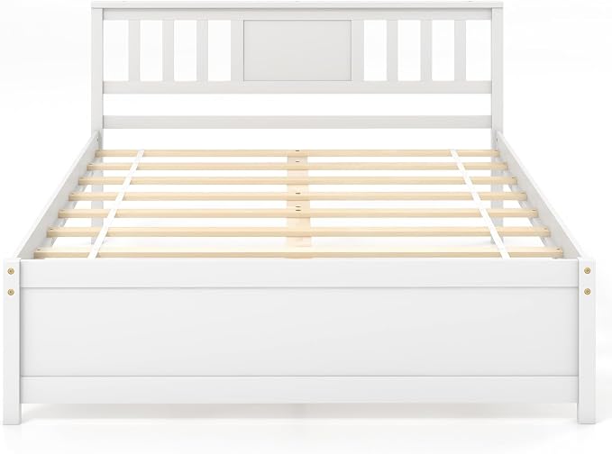 Giantex Full Size Solid Wood Platform Bed Frame, Mid Century Full Bed Frame with Headboard, Wood Slat Support, Double Panel Bed, No Box Spring Needed, Easy Assembly, White