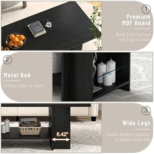 FOLUBAN Black Coffee Table with Storage Bottom Shelf & Side Shelves, Modern 2-Tier Living Room Center Table, Rectangular Wood Cocktail Tea Table for Home Office, 47 Inch