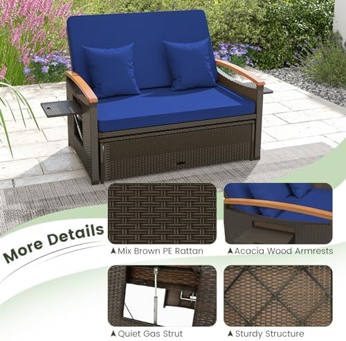 COSTWAY Patio Rattan Daybed, Outdoor Loveseat Sofa with Storage Ottoman
