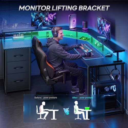 DurayLoly 48” Gaming Desk with LED Lights&Power Strip,3 Drawers&Side Hooks