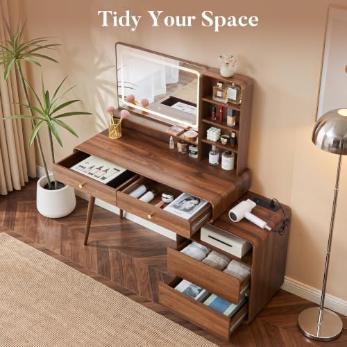 Walnut Makeup Vanity Desk with Mirror and Lights, Modern Wood Vanity Table