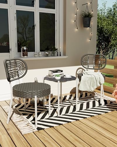 GarveeLife 3 Piece Wicker Patio Bistro Furniture Set, Outdoor Dining Chairs, Includes 2 Rattan Chairs and Tempered Glass Table, for Garden, Backyard, Balcony, Apartment, White & Grey
