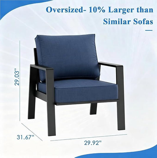2 Pieces Aluminum Outdoor Armchair, Oversized Patio Couch, Modern Sofa All Weather Metal Furniture Set with 5" Cushions (Black/Blue)