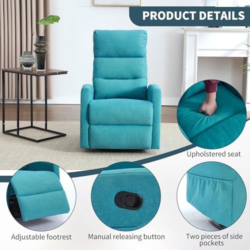 Luxlen 360° Swivel Rocking Chair for Nursery, Manual Glider Chair Nursing Chair with Side Pockets, Polyester Glider for Living Room, Heavy Duty Motion Mechanism, Blue