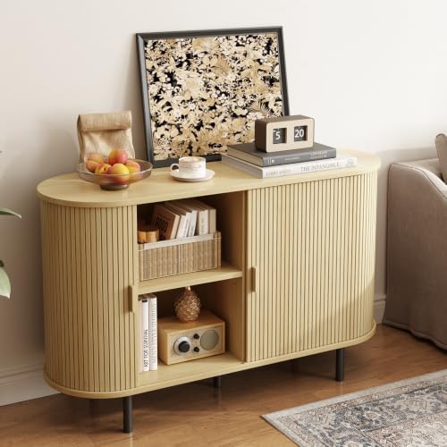 ONBRILL 48" Sideboard Buffet Cabinet, Sliding Door/Adjustable Shelf, Oak