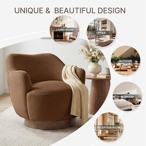 Swivel Accent Chair with Curved Arms, Wooden Base, Terracotta, Set of 2