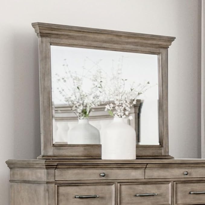 First of a Kind Philomath 4 Piece Queen Size Bedroom Furniture Set in Aged Oak - Transitional Upholstered Button Tufted Bed with Nail Head Trim Bedroom Collection