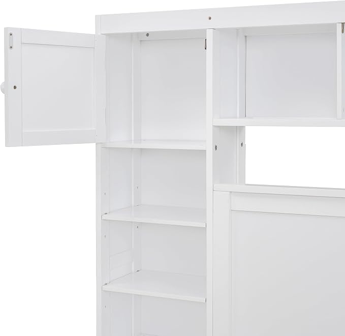 Merax Full Size Wooden Bed with All-in-One Cabinet, White Platform Bed Frame with 2 Drawers, Trundle and Sockets