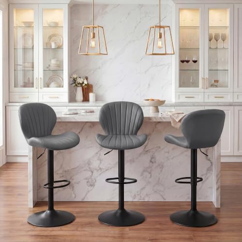 Bar Stools Set of 4, Modern Swivel Adjustable Bar Chairs, Faux Leather Upholstered Counter Height Bar Stools with Backrest, Comfort Barstools for Kitchen Island, Home Bar, Light Gray