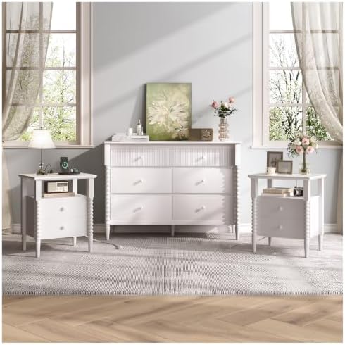 JOINICE White Nightstand with Charging Station, Jenny Lind Spindle Style