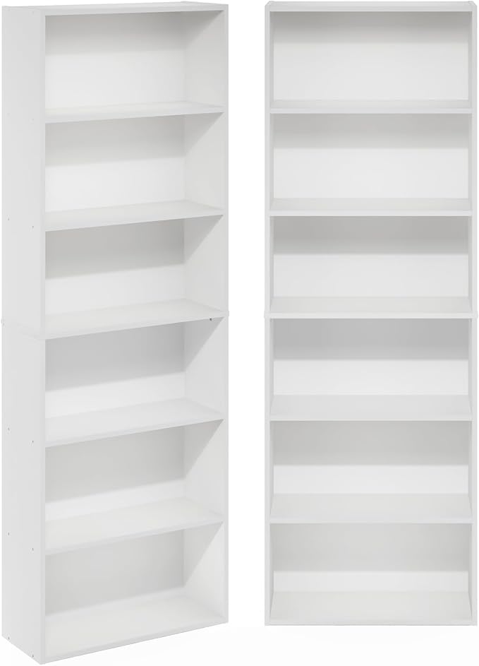 Furinno Jaya Book Shelf Set of 2, 6-Tier Bookshelf, Bookcase, 9.5 x 24.6 x 71, for Home Office, Living Room, White
