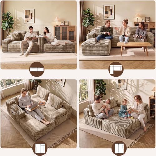 WINBOY 97" L Shaped Boneless Couches for Living Room, Comfy Modular Deep Seat Compressed Corduroy Sofa with Side Pocket,Left Facing Chiase,Camel