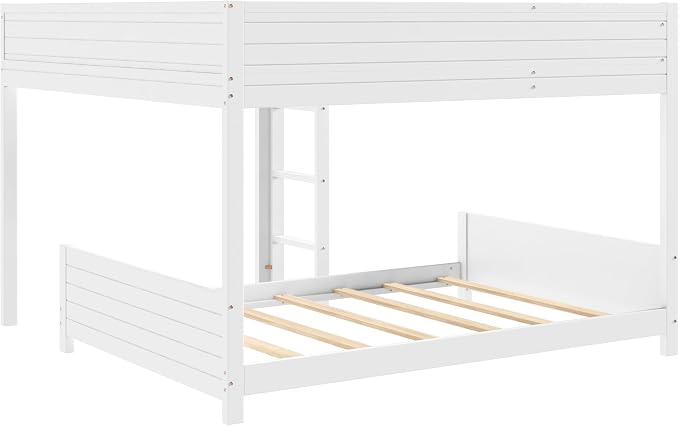 Full XL Over Full XL Bunk Bed with Built-in Storage Shelf & Ladder, Wood Bed Frame with Support Slats, Space-Saving Design, White