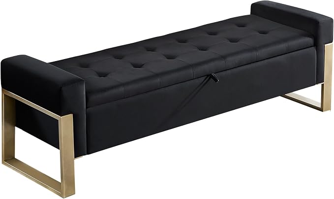 End of Bed Storage Bench, 67'' Benches for Bedroom Foot of Bed King Size, Upholstered Velvet Tufted Storage Ottoman Bench with Gold Legs for Window Living Room Entryway, Black