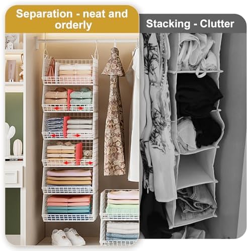 6 Tier Extra Large Hanging Closet Organizer, Closet Storage Hanging with Dividers, Wire Closet Shelf with 5 S Hooks 4 Dividers,Sweater Handbag Hat Accessory Storage Hanger,White