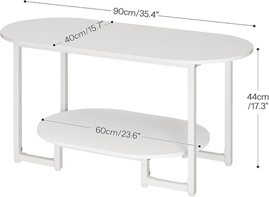HOOBRO Coffee Table for Living Room, Oval Small Coffee Table with 2-Tier Open Storage Shelf, Industrial Cocktail Tea Table, Wooden Desktop Center Table, Farmhouse, Home Office, White WW09KF01