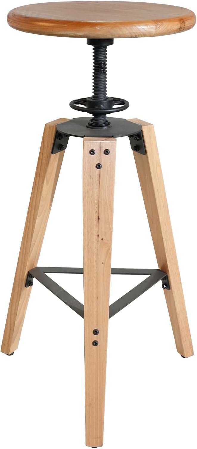 4-Piece Adjustable Height Swivel Bar Stool - Industrial Rustic Style, Solid Oak Wood Seat and Frame, 24.8"-28.7", Natural Finish, Anti-Slip Pads - Perfect for Kitchen, Bar, Counter, Home - Heavy Duty