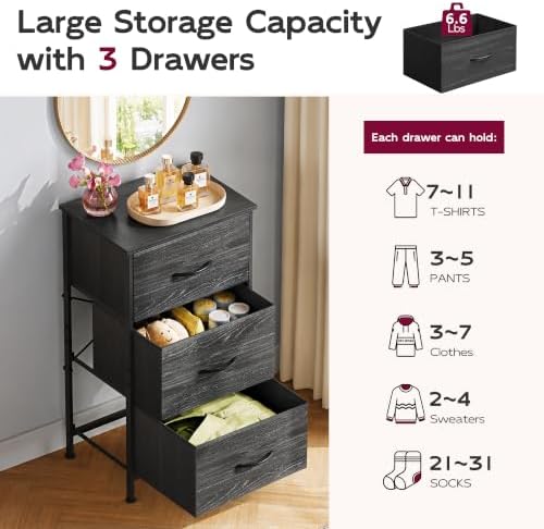 WLIVE Small Dresser Nightstand for Bedroom, 3 Drawers, Black Wood Grain