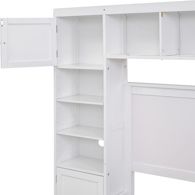 Merax Full Size Wooden Bed with All-in-One Cabinet and Shelf, White Bed Frame with 4 Storage Drawers