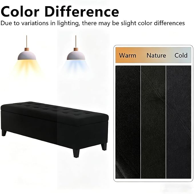 Joveco Storage Ottoman Bench, 51" Linen Rectangle Long Bench, for Bedroom, End Foot of Bed, Living Room, Entryway, Linen Black