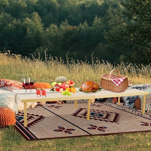Folding Picnic Table with Table Runner, Portable Boho Low Picnic Table for Indoor Outdoor, 80" x 30" Wooden Table with Adjustable Heights for Camping, Wedding, Beach, Garden, Party (Large Size for 8)