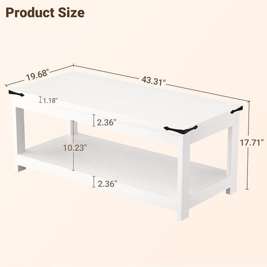 Homieasy 43.3” Rectangular Coffee Table with Storage Shelf, Farmhouse Wood Center Table for Living Room, Modern Black Tea Table with Open Shelf, White