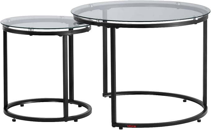 VEVOR Nesting Coffee Table Set of 2, 23.6 in Round Coffee Table, Glass Nesting Tables for Small Place, Modern End Side Tables Night Stand with Metal Frame, for Living Room, Bedroom, Balcony, Office