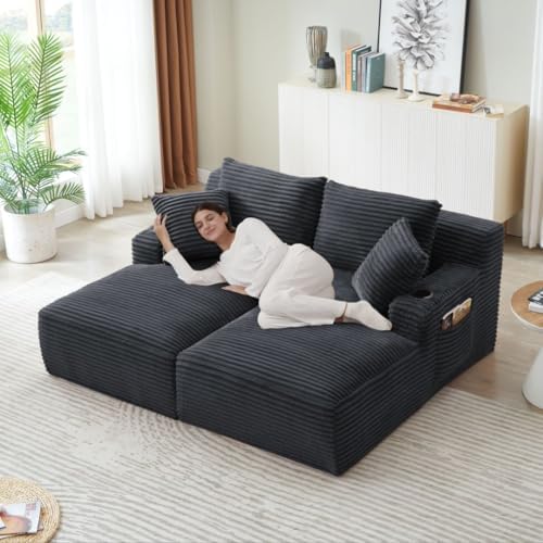 Eafurn Oversized Double Chaise Lounge Indoor with Cup Holders & Side Pocket, 71" Plush Corduroy Boneless Chaise Lounge Sofa with High Density Sponge & Deep High Seat Comfy Sleeper Couch Bed