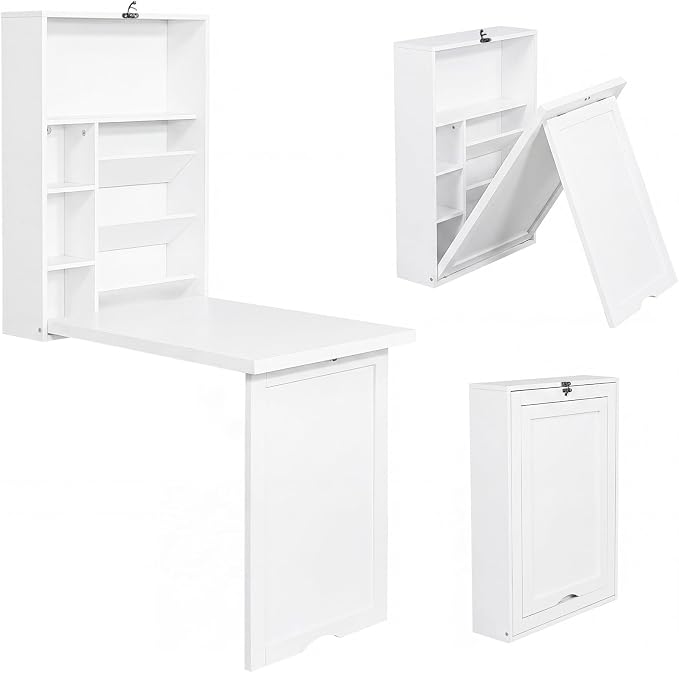 Tangkula Folding Wall Mounted Desk, Convertible Fold Out Floating Table with Storage Shelves, Space-Saving Drop Leaf Table, Murphy Desk for Craft, Study, Small Spaces, Home Office, Dorm, White