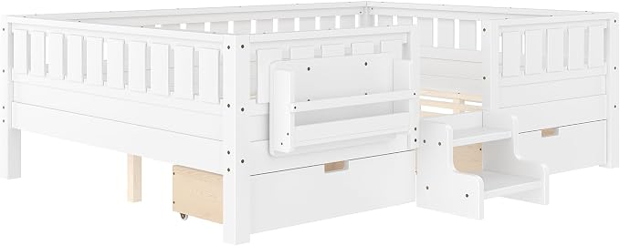 Bellemave Queen Size Bed with Slats and Stairs, Queen Size Platform Bed Frame with Fence, Bookshelf and Storage Drawers, Easy Assemble Beds for Girls, Boys, White