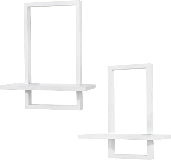 PHOENANCEE Square Wall Shelf,Framed Floating Shelves Set of 2,Decorative Plants Hanging Display Chic for Living Room Bedroom Bathroom Home Office,Soild Wood,L+S,White