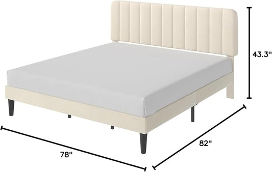 VECELO King Size Bed Frame with Upholstered Headboard, Velvet Platform Bedframe Mattress Foundation, Strong Wood Slat Support, No Box Spring Needed,Velvet Beige