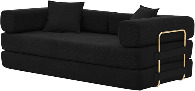 4-in-1 Folding Convertible Sofa Bed, 78 Inch Boneless Couch with Fixed-Shape Frame, Corduroy Loveseat Sleeper with Pull Out Bed, Floor Sofa Modular Futon Couch for Living Room Bedroom Lounge (Black)