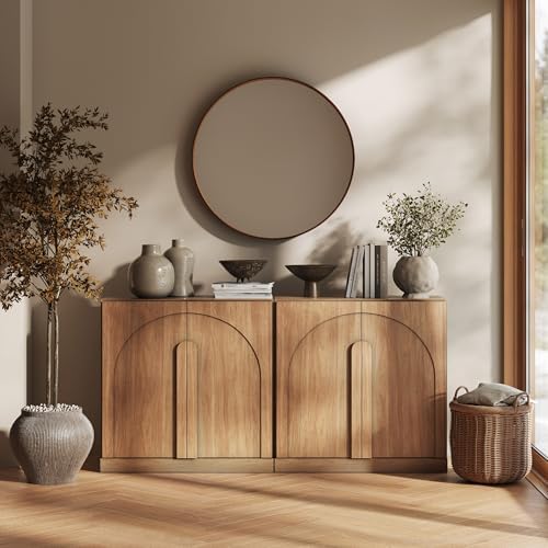 BELLEZE 2 Tier Bookshelf with Arched Wood Door, Set of 2 Modern Display Bookcase Shelf with Storage and Adjustable Shelves, 63" Wood Bookshelves for Living Room Office Entryway (Camel)