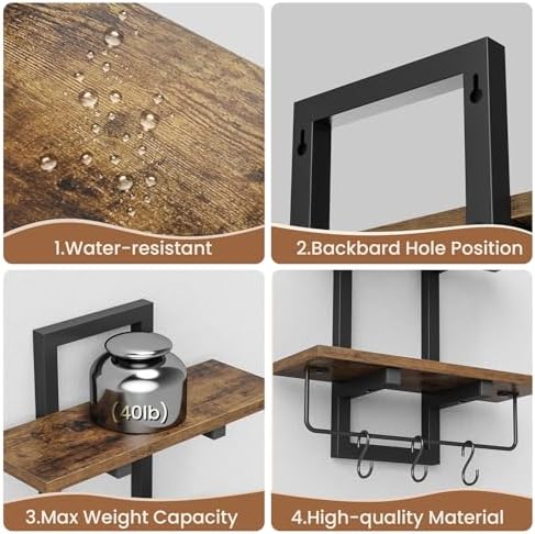 Floating Shelves for Wall Set of 2, Wood Wall Shelf with 6 Hooks, 2 Tier Hanging Decorative Storage Shelves for Living Room Bedroom Bathroom Kitchen Office Coffee Bar, Rustic Brown