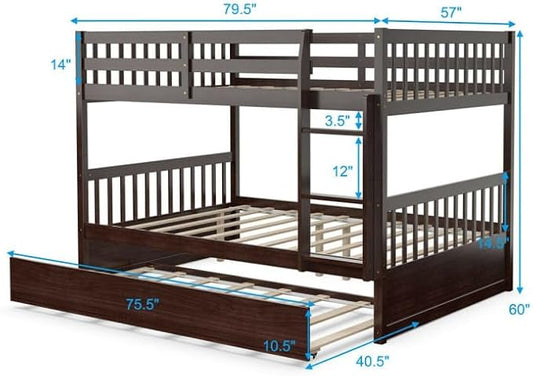 NAFORT Twin Over Twin Bunk Bed with Trundle, Solid Wood Bed Frame with Ladder & Safety Guardrails, Space Saving Bunk Bed for Kids Teens Adults Guest Room, Convertible Design, Espresso
