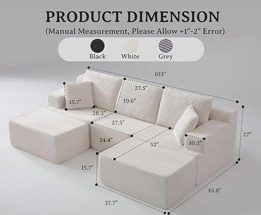 103" Boneless Modular Sectional Sofa Cloud Couch with Ottomans and Pillows, Convertible L/U Shaped Corner Sofa, Full Foam Deep Seat Compressed Couch for Living Room, Apartment