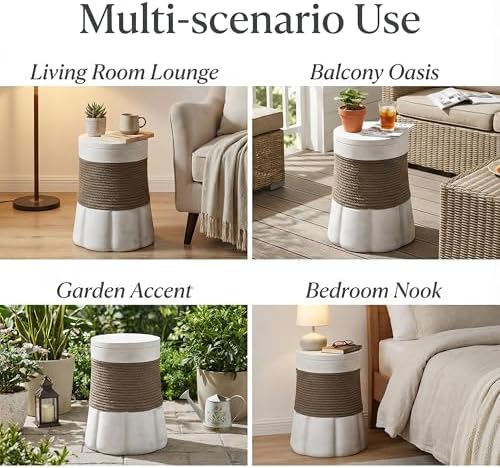 Merax Outdoor Light Gray & Brown Retro Side Table, Woven Rope & Fan-Base MGO End Table for Patio, Living Room & Office Decor