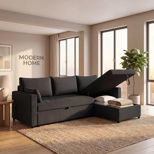 Queen Sleeper Sofa, Convertible Sofa Bed with Storage, 85 Inch Sectional Couch with Pull Out Bed, L Shaped 3 Seat Sectional Sleeper Sofa for Living Room, Apartment, Black