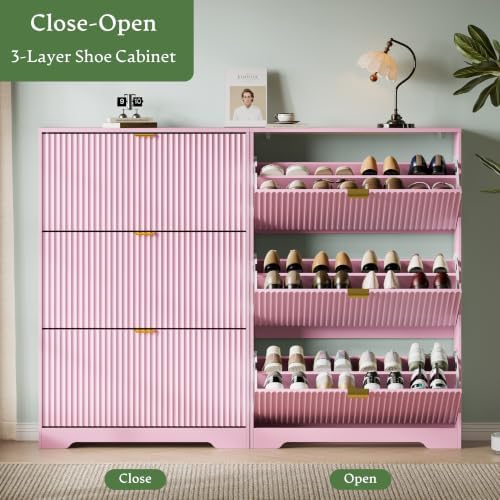 Shoe Storage Cabinet for Entryway with 3 Flip Drawers, Hidden Slim Wood Shoe Organizer with Modern Fluted Panel, Freestanding Narrow Shoe Rack for Front Door Entrance, Hallway, Foyer, Pink