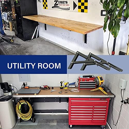 Folding Shelf Brackets,Wall Mounted Shelf Brackets,Heavy Duty Shelf Bracket,Black Metal Shelf Brackets for Bendable Table,Space Saving (18 Inch 6 Pcs)