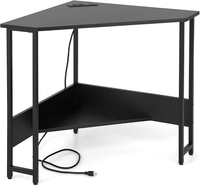 COSTWAY Corner Computer Desk, with USB Ports & Power Outlet, Storage Shelf for Small Space, Triangle Steel Frame Corner Desk for Home Office, Workstation (Black)