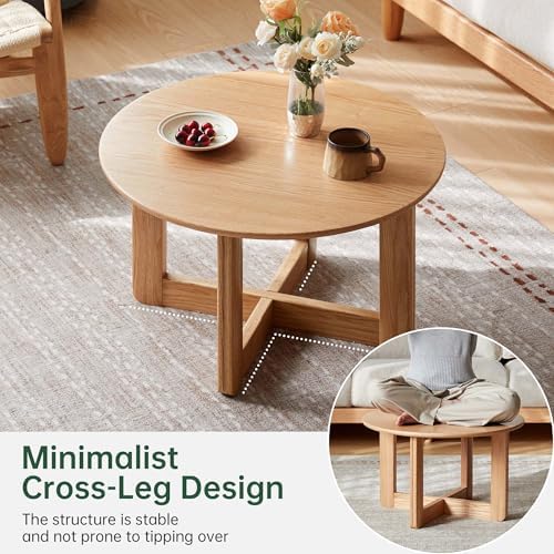 100% Solid Oak Wood Round Coffee Table, 2-Tier Small Wood Center Table
