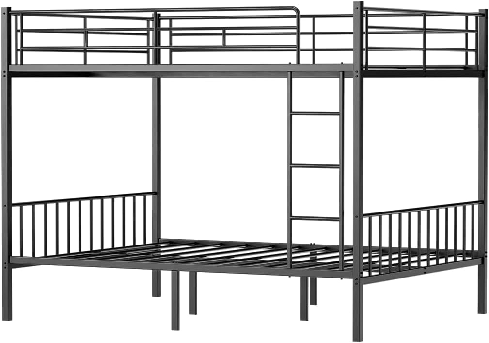 Mixcous Queen Over Queen Bunk Bed, Heavy-Duty Bed Frame with Safety Guardrails, Built-in PVC Rubber Cover Anti-Slip Ladder, Metal Bunk Bed, Noise Reduced, Black