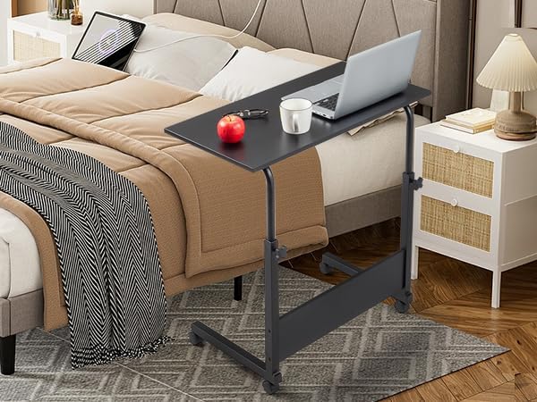 Karl home Mobile Side Table 31.5 inch Computer Desk with Wheels Height Adjustable Rolling Potable Laptop Cart, C-Shaped Bed Couch Sofa End Tables with Edge Stopper for Livingroom Bedroom, Black