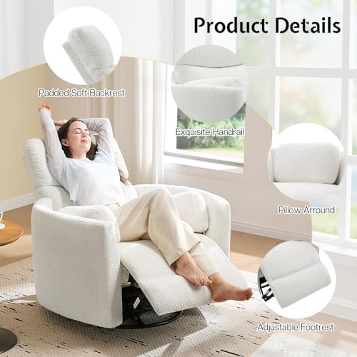 Jocisland Swivel Rocker Recliner, Nursery Chair USB&Teddy, White
